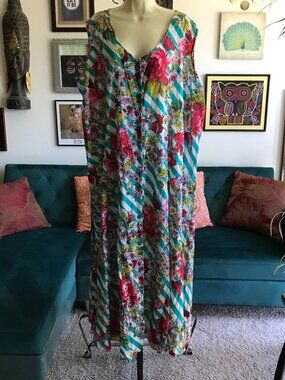 DENIM 24/7 size 2X Tropical-Inspired Floral Turquoise Striped Maxi Dress